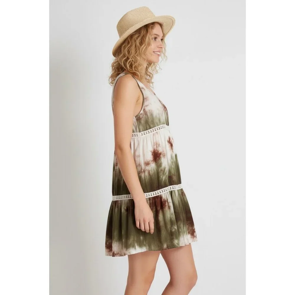 NWT Green Tie-Dyed Tiered Ruffle Hem Mini Slip Dress | Coastal Cowgirl Boho Chic - Picture 4 of 9
